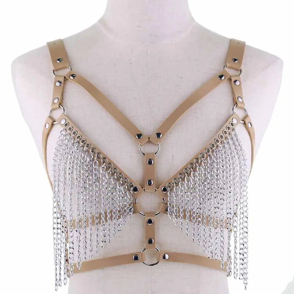 Leather Chain Harness Body Chain Bra Goth Punk Sexy Chain Top Women Body Jewelry Summer Festival Fashion Rave Outfit