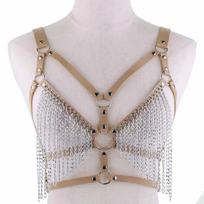 Leather Chain Harness Body Chain Bra Goth Punk Sexy Chain Top Women Body Jewelry Summer Festival Fashion Rave Outfit
