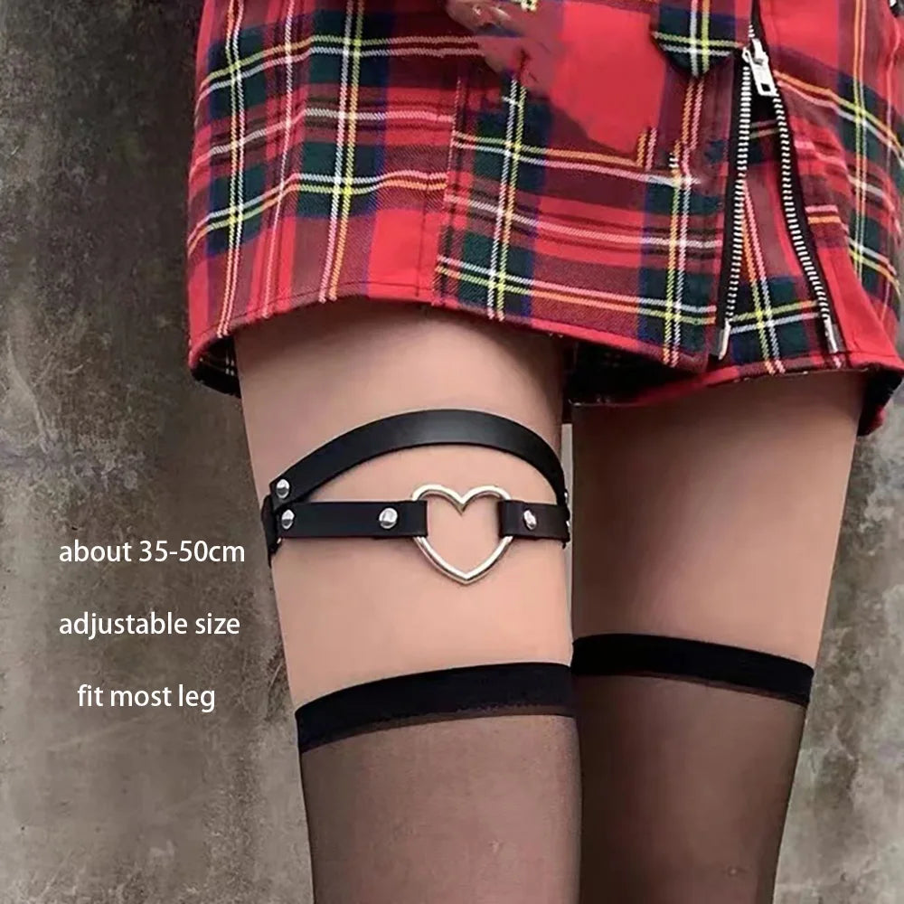 Sexy Leather Heart Belt Elastic Leg Thigh Garter Girl Women Harness Goth Accessories Black Gothic Rivet Punk Anklet