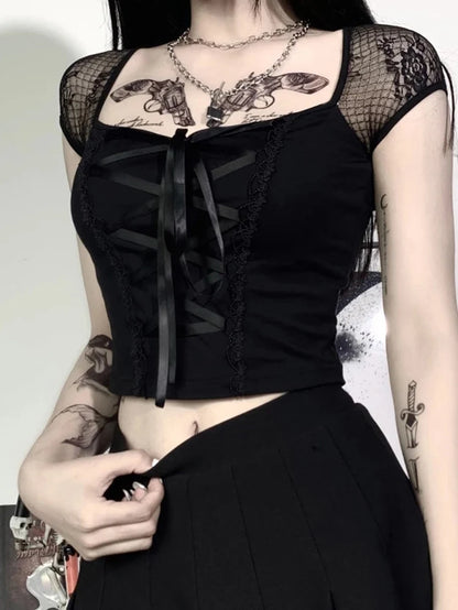 Black lace goth T-shirt for women featuring a sexy bodycon mesh design, ideal for casual streetwear and chic vintage style.