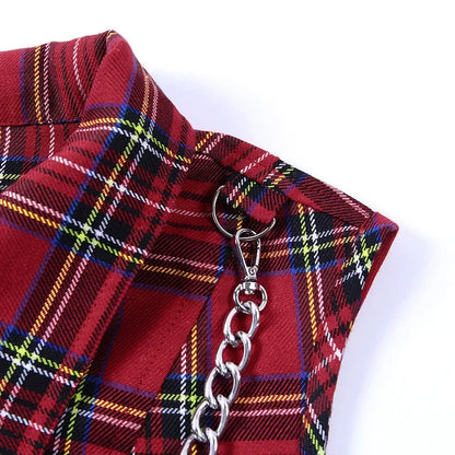 Gothic plaid crop top with zipper chain detail, trendy punk streetwear for women, featuring a chic, edgy design.