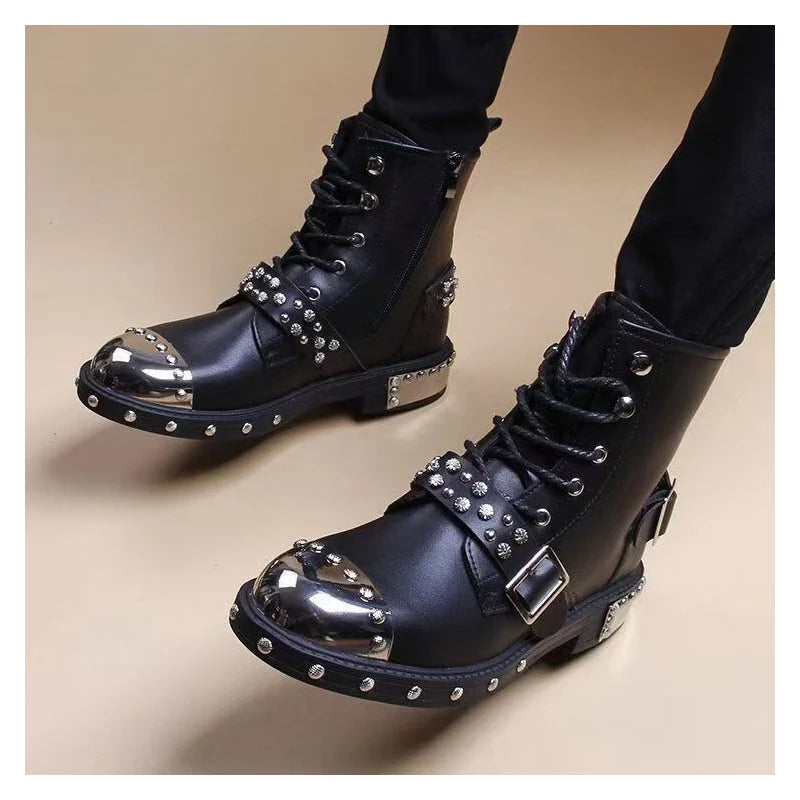 Men's luxury punk goth motorcycle boots with lace-up leather design, rivets, and platform soles for a bold, edgy look.