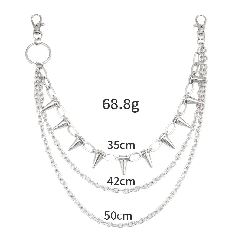 Layered punk spike and chain keychains for men and women, featuring edgy biker and goth style accessories.
