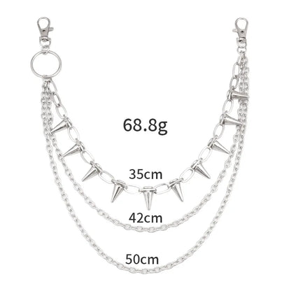 Layered punk spike and chain keychains for men and women, featuring edgy biker and goth style accessories.
