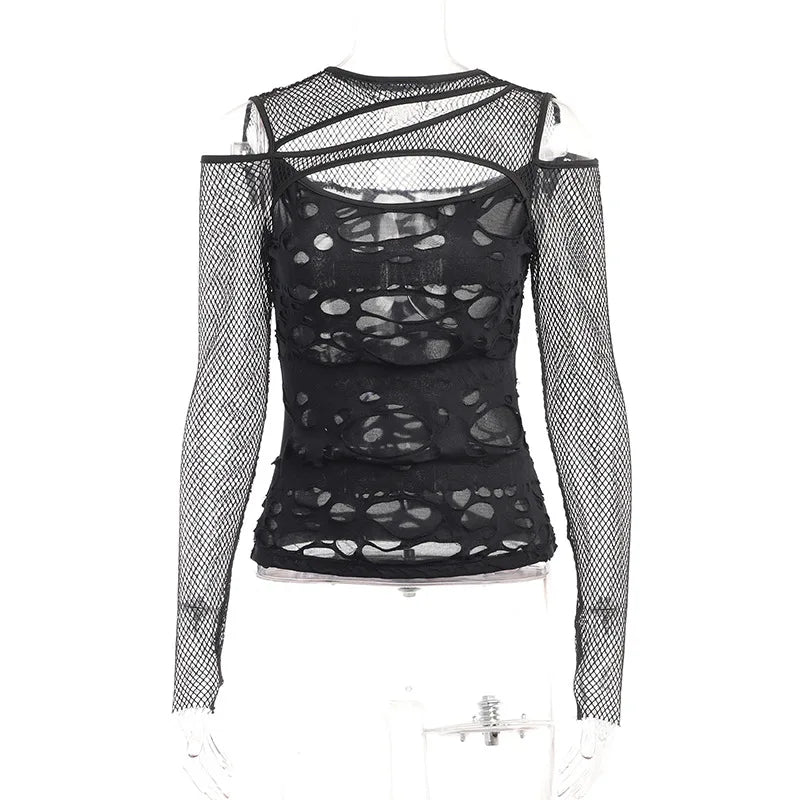 Edgy Frayed Mall Gothic Fishnet Long Sleeve Blouse - Sexy Grunge Punk Streetwear Top for Women