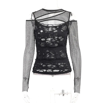Edgy Frayed Mall Gothic Fishnet Long Sleeve Blouse - Sexy Grunge Punk Streetwear Top for Women