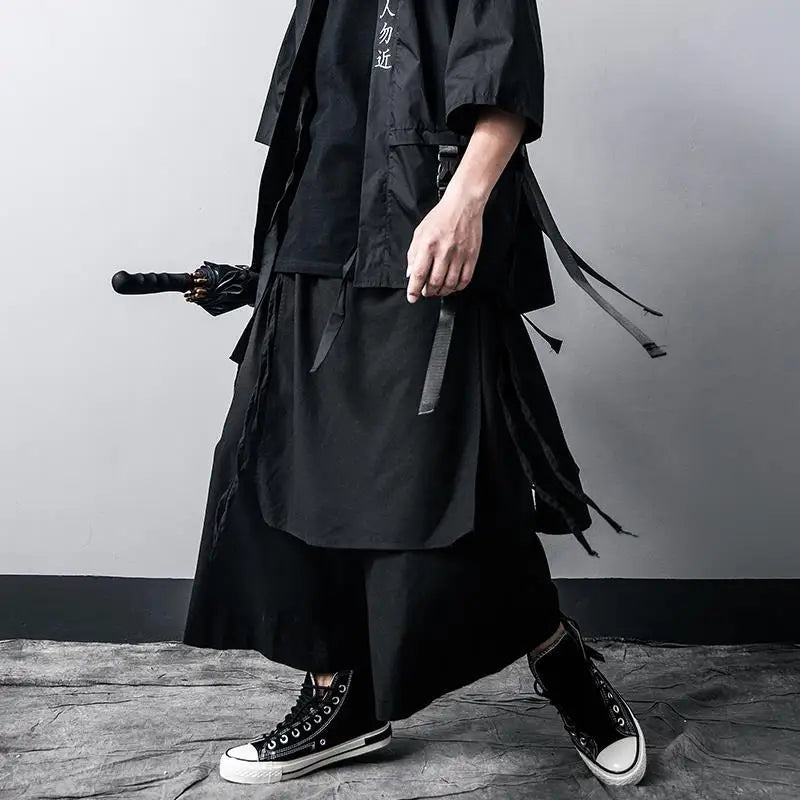 Men's gothic black wide leg techwear pants from ARENS, with streetwear style, perfect for summer hip hop and Japanese fashion looks.