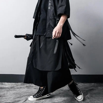 Men's gothic black wide leg techwear pants from ARENS, with streetwear style, perfect for summer hip hop and Japanese fashion looks.