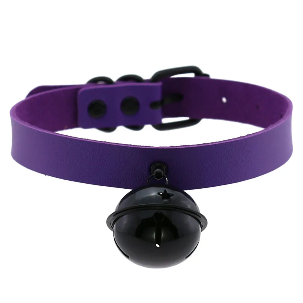 Purple goth punk leather choker necklace with black rivets and metal chain, unisex edgy emo harajuku style accessory.