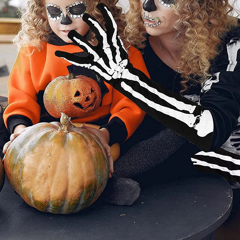 Unisex glow in the dark skeleton skull gloves for winter cosplay, perfect for Halloween and goth style costumes.