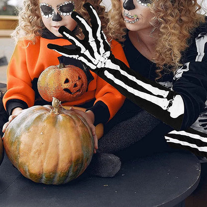 Unisex glow in the dark skeleton skull gloves for winter cosplay, perfect for Halloween and goth style costumes.