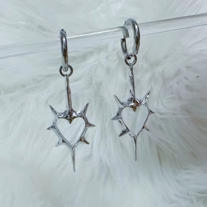 Gothic Thorn Heart Cross Earrings for women featuring punk grunge style, with dark metallic finish and intricate heart and cross design.