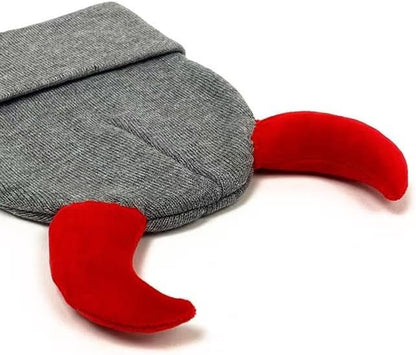 Y2K devil horn beanie by ZITEZHGO featuring black knit fabric and red devil horns, ideal as Halloween emo goth accessory for men and women.