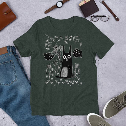 Whimsical garden rabbit T-shirt by PressureDen.store featuring a quirky gothic emo design, perfect for birthdays or housewarmings.
