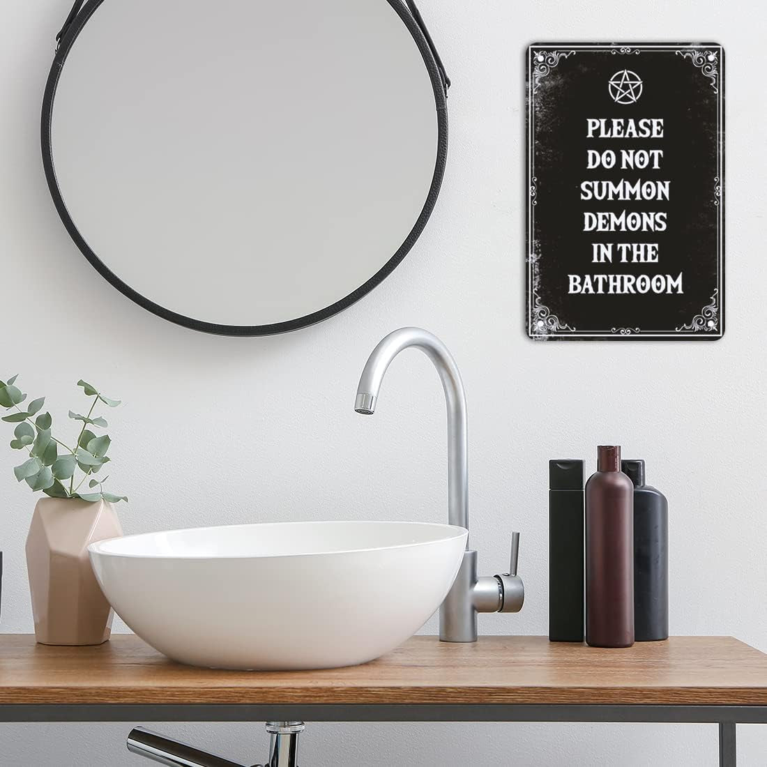 IRISIVITA Spooky Metal Sign, Please Do Not Summon Demons in the Bathroom, Gothic Wall Art, Halloween Decorations, Witchy & Goth Room Decor