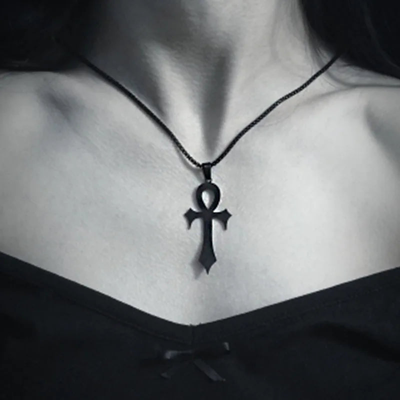 Black stainless steel Gothic Egyptian Ankh necklace with key of life pendant, religious jewelry gift, PressureDen.store N8582