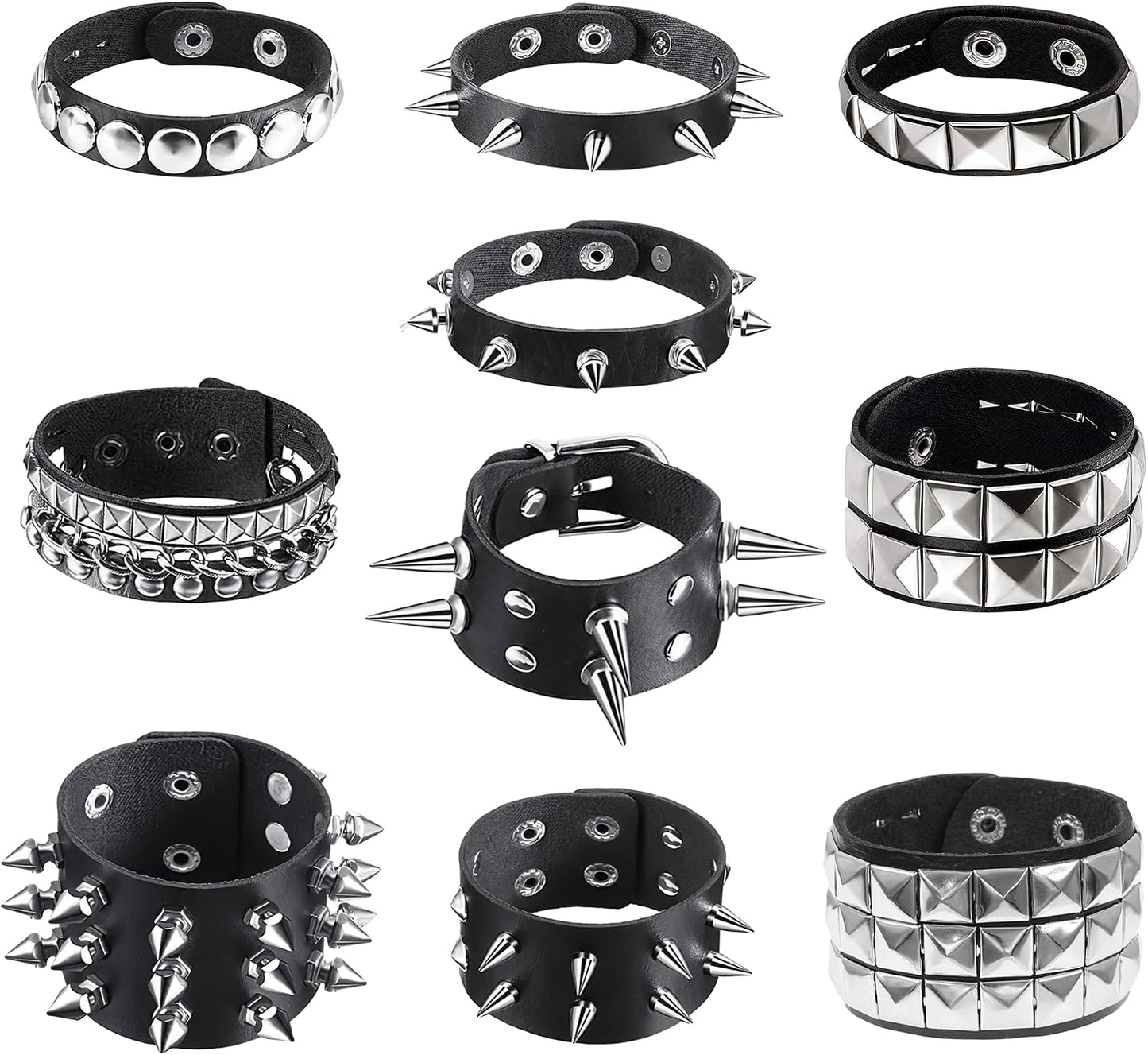 YMO edgy 10-piece studded bracelet set with black leather punk cuffs, perfect goth accessories for men and women.