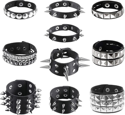 YMO edgy 10-piece studded bracelet set with black leather punk cuffs, perfect goth accessories for men and women.