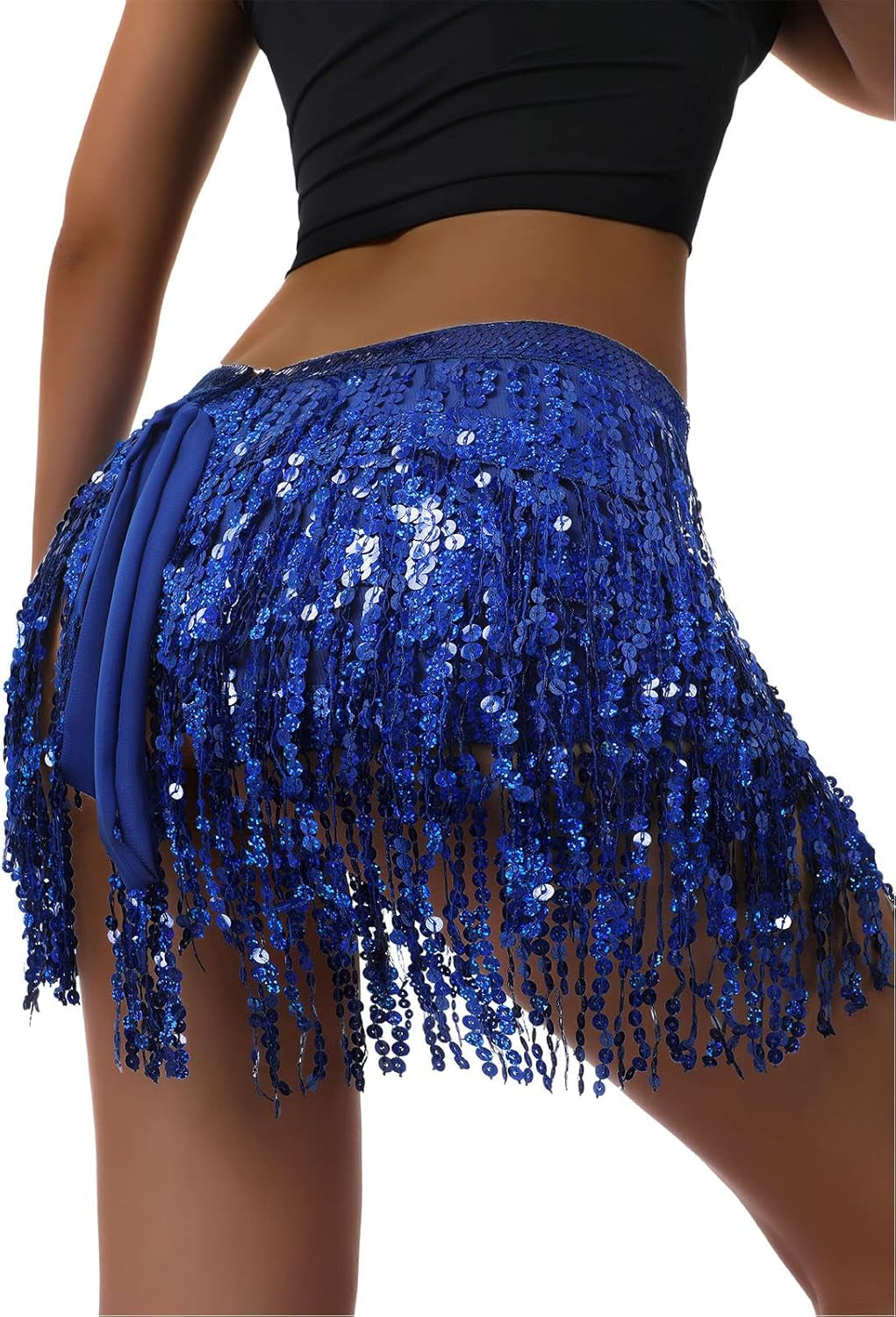 Vibrant Royal Blue Y2K Rave Fringe Skirt with Sequin Tassels & Hip Scarf - Perfect One Size Fit!