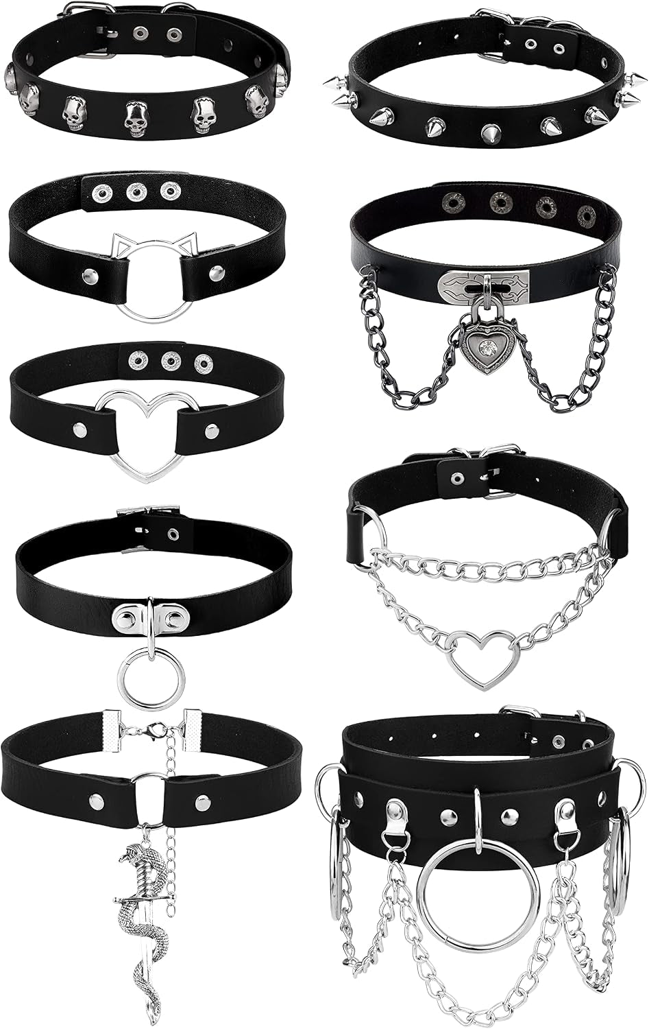 HAIAISO edgy punk goth choker necklace set with heart spikes, adjustable black PU collar for bold women, 6-9 piece jewelry collection