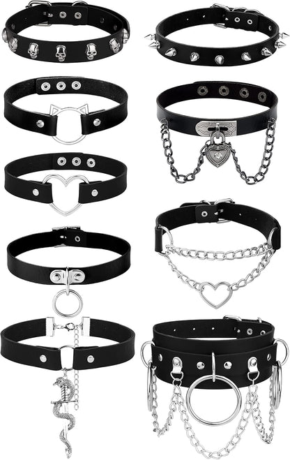 HAIAISO edgy punk goth choker necklace set with heart spikes, adjustable black PU collar for bold women, 6-9 piece jewelry collection