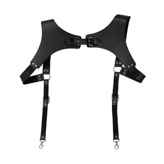 Punk Black Leather Chest Suspenders for Men - Adjustable Buckle Shoulder Straps for Club, Party, and Rave Costumes