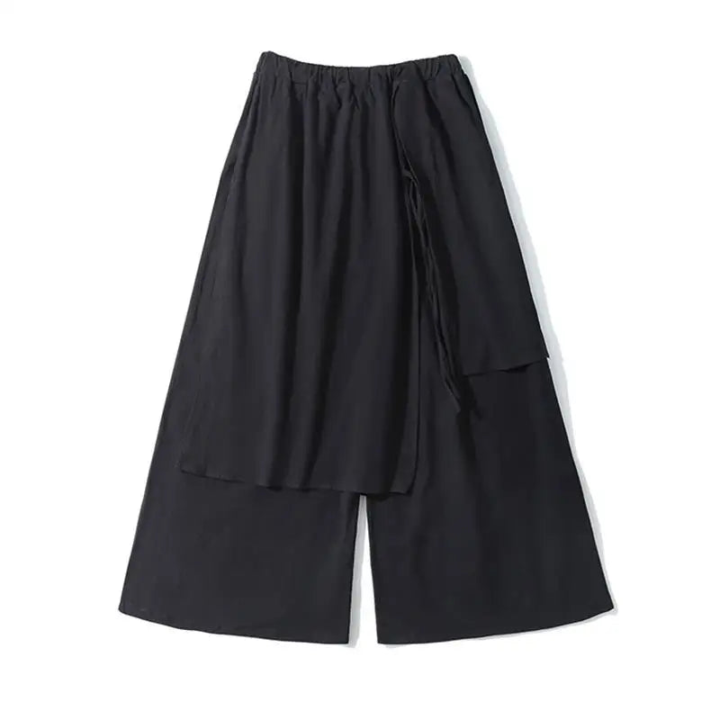 Black ARENS Techwear wide-leg pants for men, stylish Gothic summer trousers with streetwear and Japanese-inspired fashion.