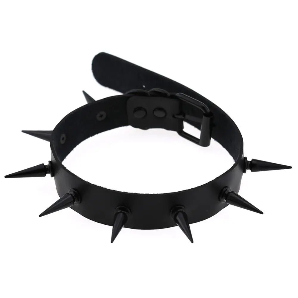 Black spiked vegan leather choker necklace with edgy design, ideal for goth, witch, and cosplay fashion styles.