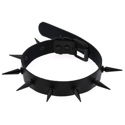 Black spiked vegan leather choker necklace with edgy design, ideal for goth, witch, and cosplay fashion styles.