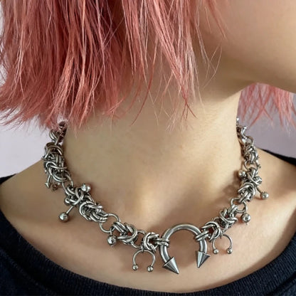 Punk Fashion Stainless Steel Rivet Horseshoe Ring DIY Pendant Necklace for Women Cool Fashion Goth Jewelry Grunge Choker