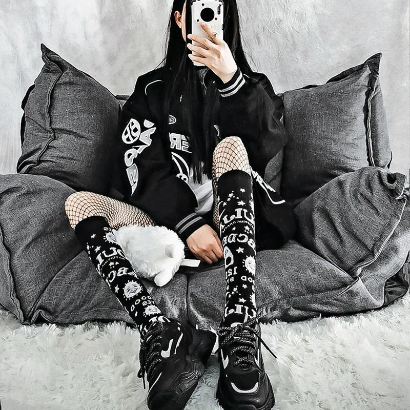 Gothic punk Harajuku star and moon knee socks with retro Y2K Ouija board design for women and girls.