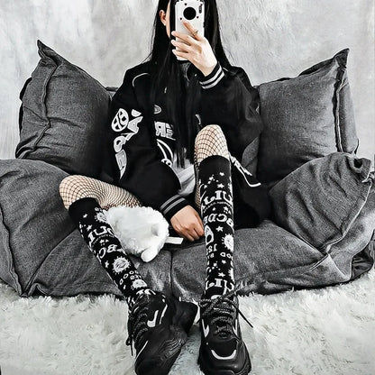Gothic punk Harajuku star and moon knee socks with retro Y2K Ouija board design for women and girls.