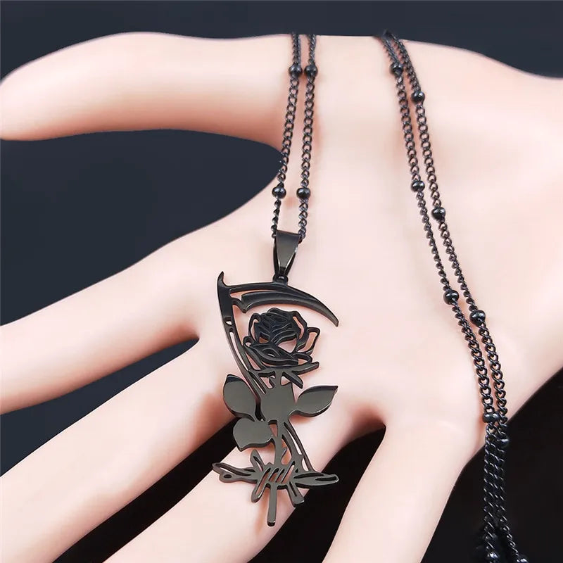 Goth Sickle Rose Flower Necklace for Women Men Stainless Steel Black Color Gothic Chain Aesthetic Jewelry Colier Femme N3834S02