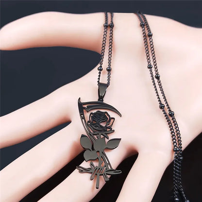 Goth Sickle Rose Flower Necklace for Women Men Stainless Steel Black Color Gothic Chain Aesthetic Jewelry Colier Femme N3834S02