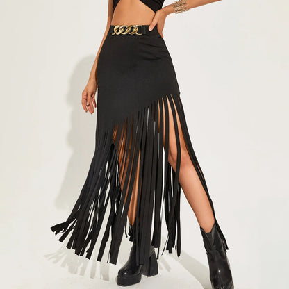 Black maxi skirt with tassel details and ring belt, ideal for punk, gothic, and grunge fashion styles.