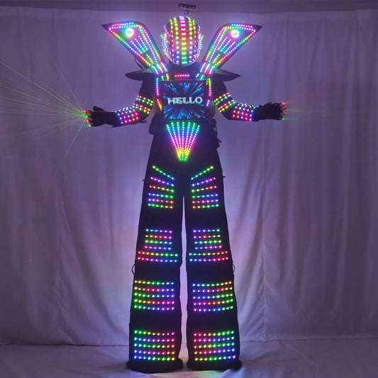 Transform Any Event with Our Spectacular LED Robot Costume – Featuring Stilt Walking, Luminous Jacket, and Laser Gloves!