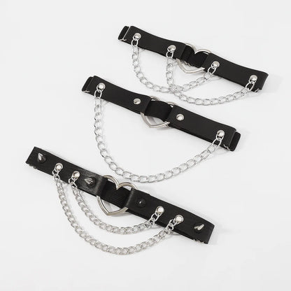 Sexy Leg Chain Leather Elastic Spiked Leg Harness for Women Girls Goth Heart Thigh Garter Belt Rave Body Jewelry