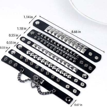 6 PCS Leather Bracelets for Men Women Punk Goth Rock Spiked 80S Stuff Cool Metal Studded Accessories Black Cuff Wristband for Party Cosplay Night Club Sexy Gift Halloween