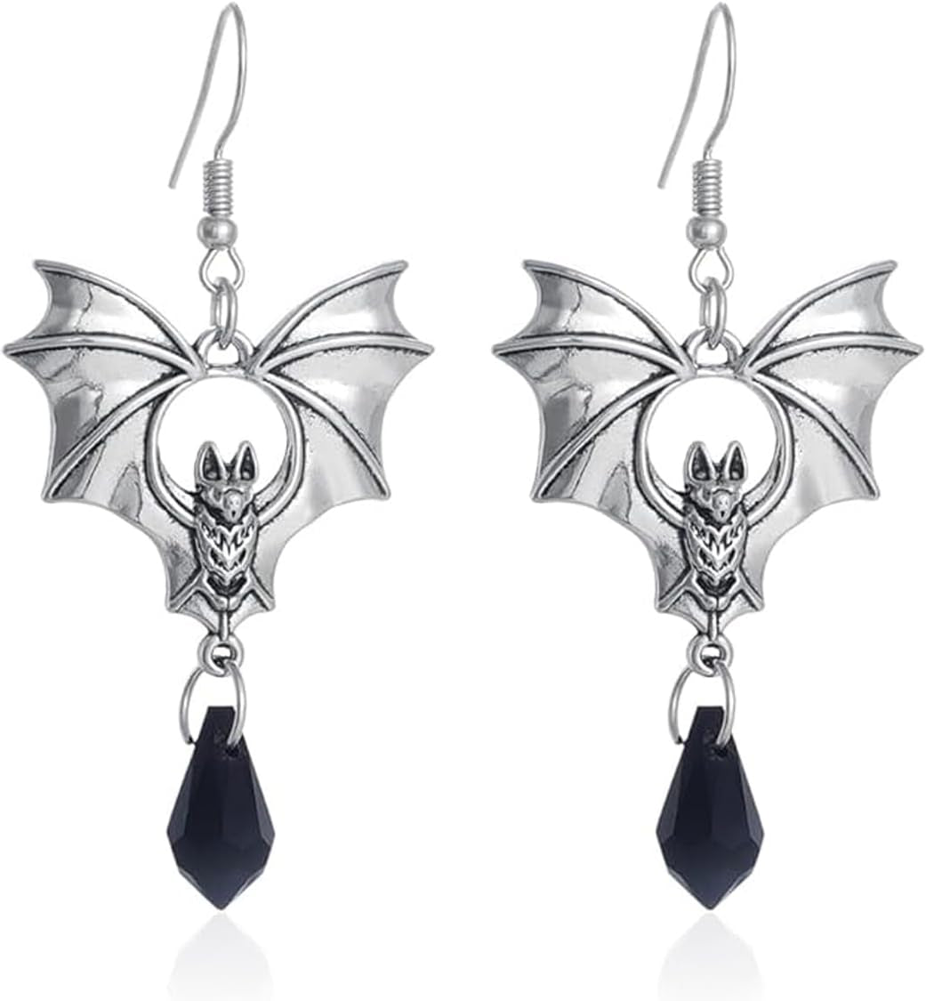 Vintage Gothic Bat Earrings by wsycoo featuring black and red crystals, stylish punk jewelry for women, perfect Halloween accessories