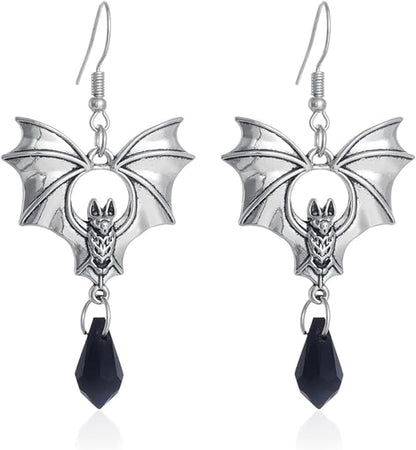 Vintage Gothic Bat Earrings by wsycoo featuring black and red crystals, stylish punk jewelry for women, perfect Halloween accessories