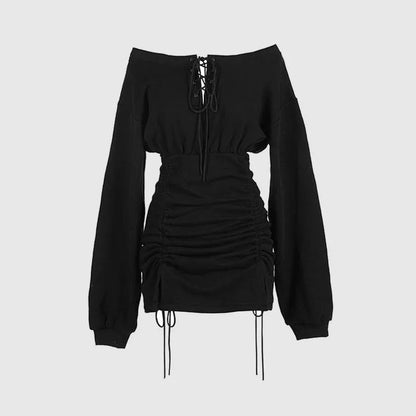 Black off-shoulder pleated sheath dress with lace-up goth style, perfect for spring/summer Y2K grunge fashion.