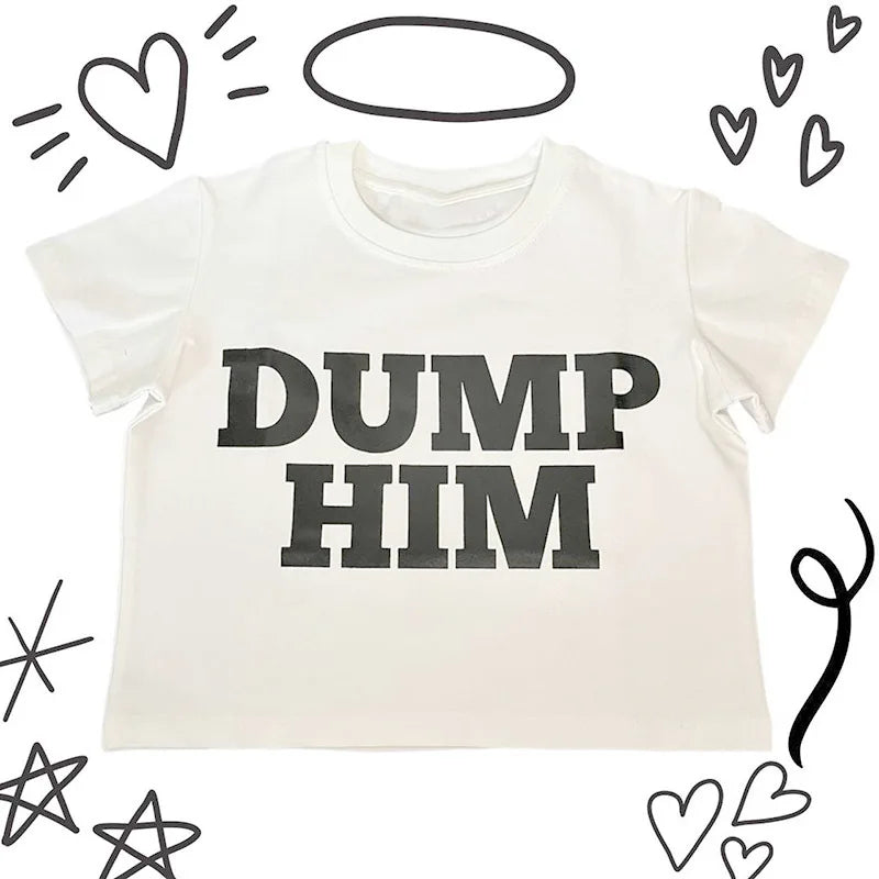 Vintage Harajuku slim crop top for women with dump him letter print, Y2K baby tee, emo gothic short sleeve t-shirt.