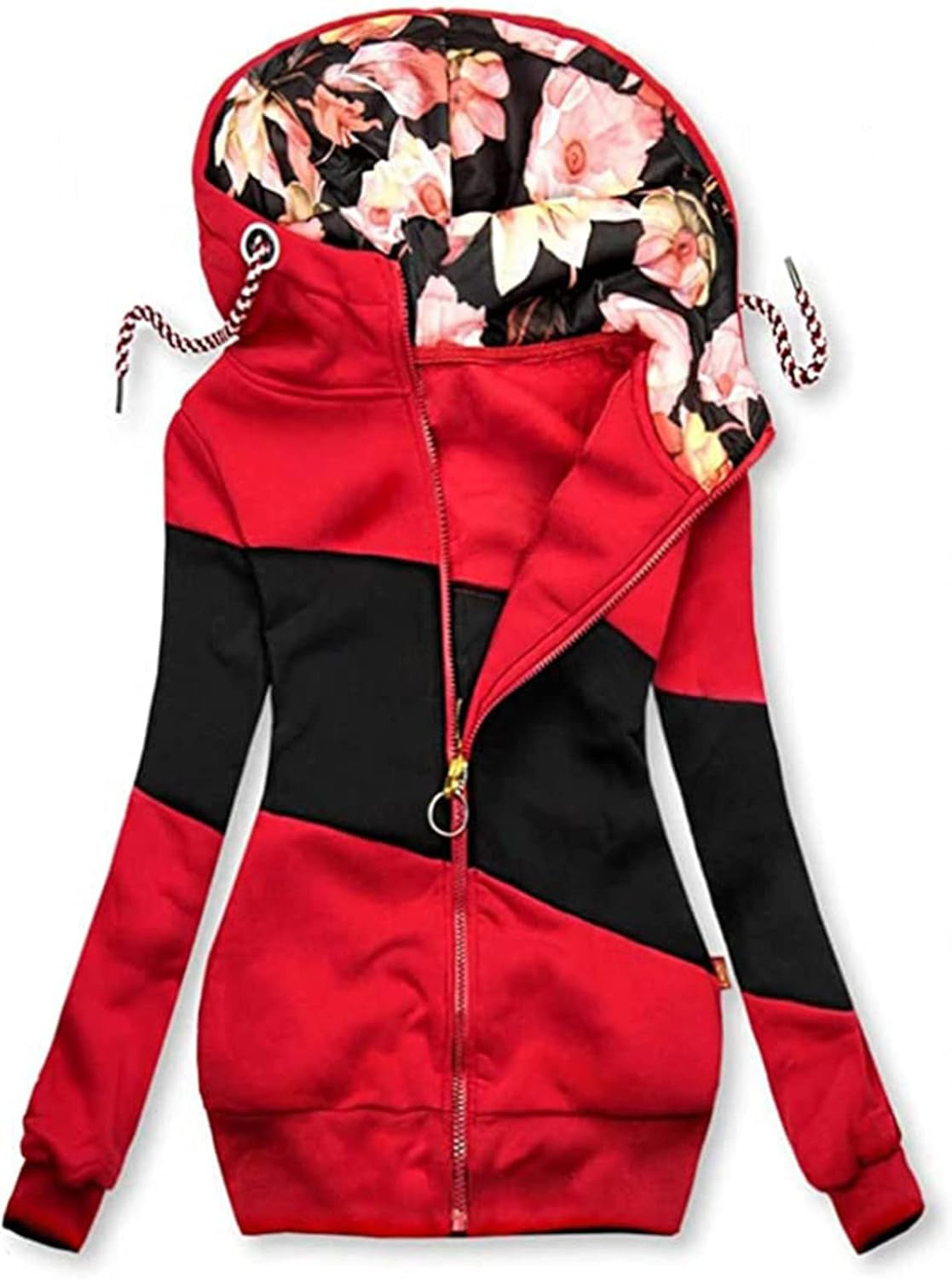 Women's Chic Floral Color Block Zip-Up Hoodie by 5665, featuring long sleeves, floral patterns, and casual style.