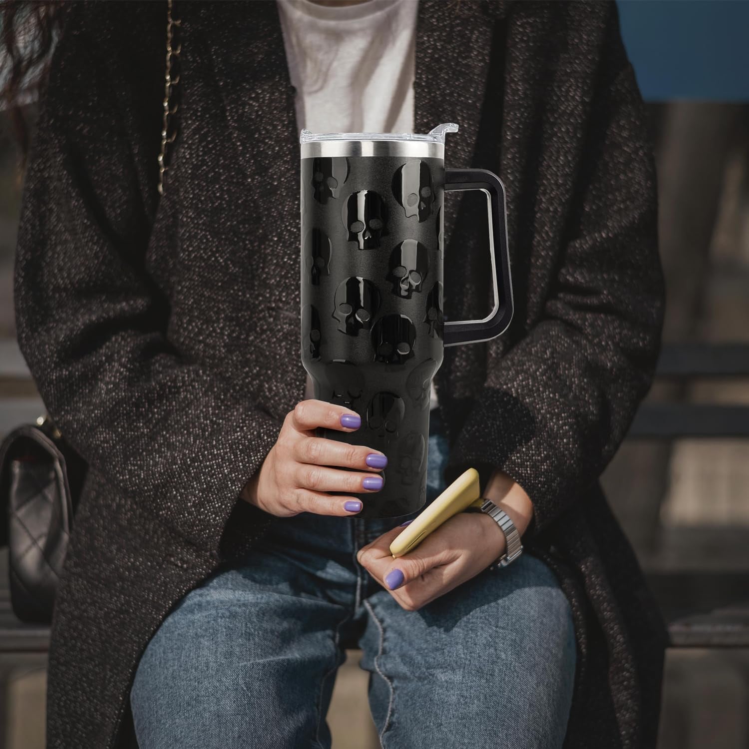 Goth Gifts Goth Tumbler Halloween Tumbler 40 Oz 3D-Printed Skull Gifts Cup for Women Men Spooky Skeleton Travel Mug with Handle Lid and Straw