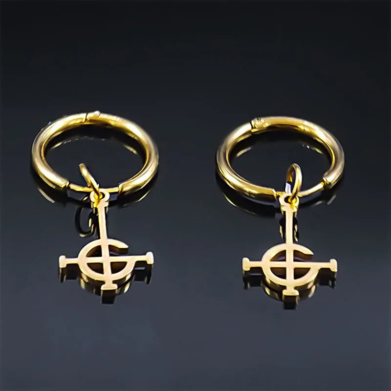Gothic Ghost BC dangle earrings with stainless steel ghoul band, Pope Emeritus mask, and crucifix design jewelry.