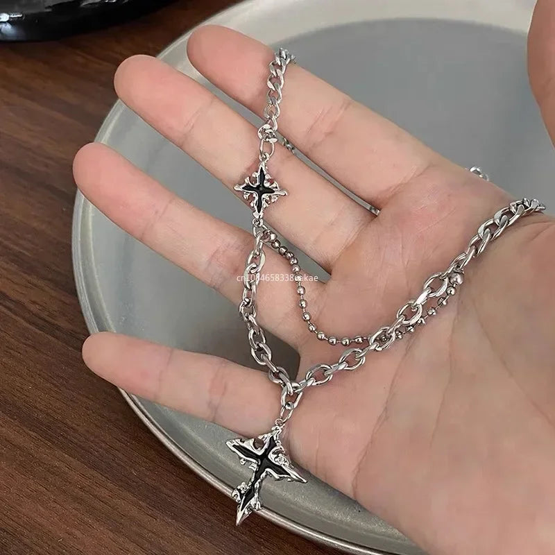 Silver Y2K grunge hip hop Halloween pendant necklace with cross chain, unisex style, metal jewelry from PressureDen.store