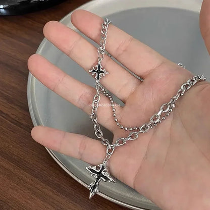 Silver Y2K grunge hip hop Halloween pendant necklace with cross chain, unisex style, metal jewelry from PressureDen.store