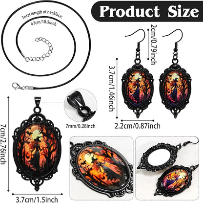 Mystic Witch Gothic Bat Glass Pendant Necklace, Victoria Cameo Black Stainless Steel Rope Chain Witchy Jewelry Choker with Earrings for Women for Halloween