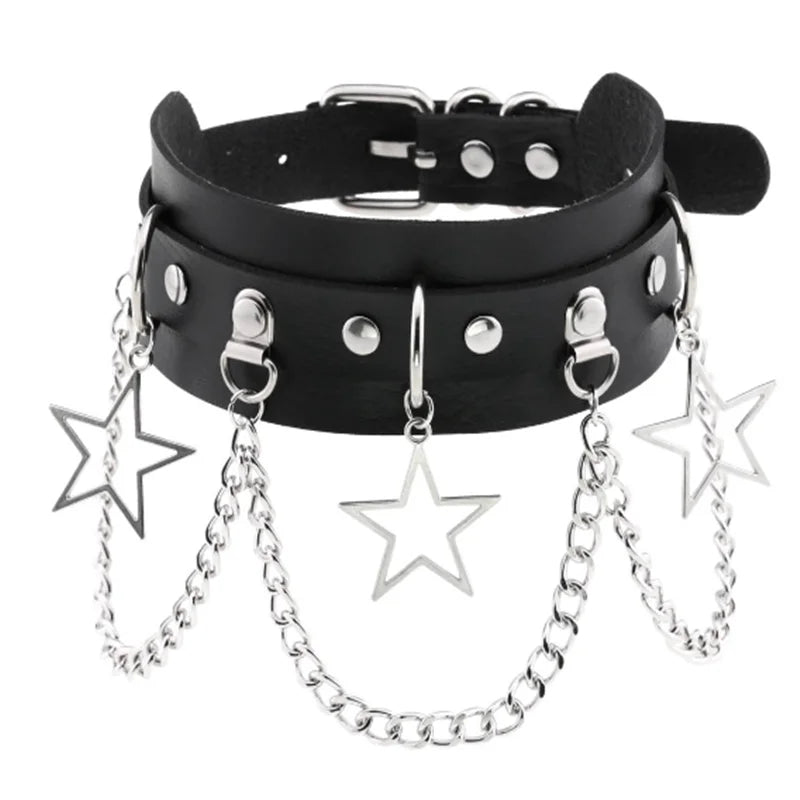 Harajuku punk-style black PU leather choker with heart rivets and chunky design, perfect for trendy goth and Y2K fashion.