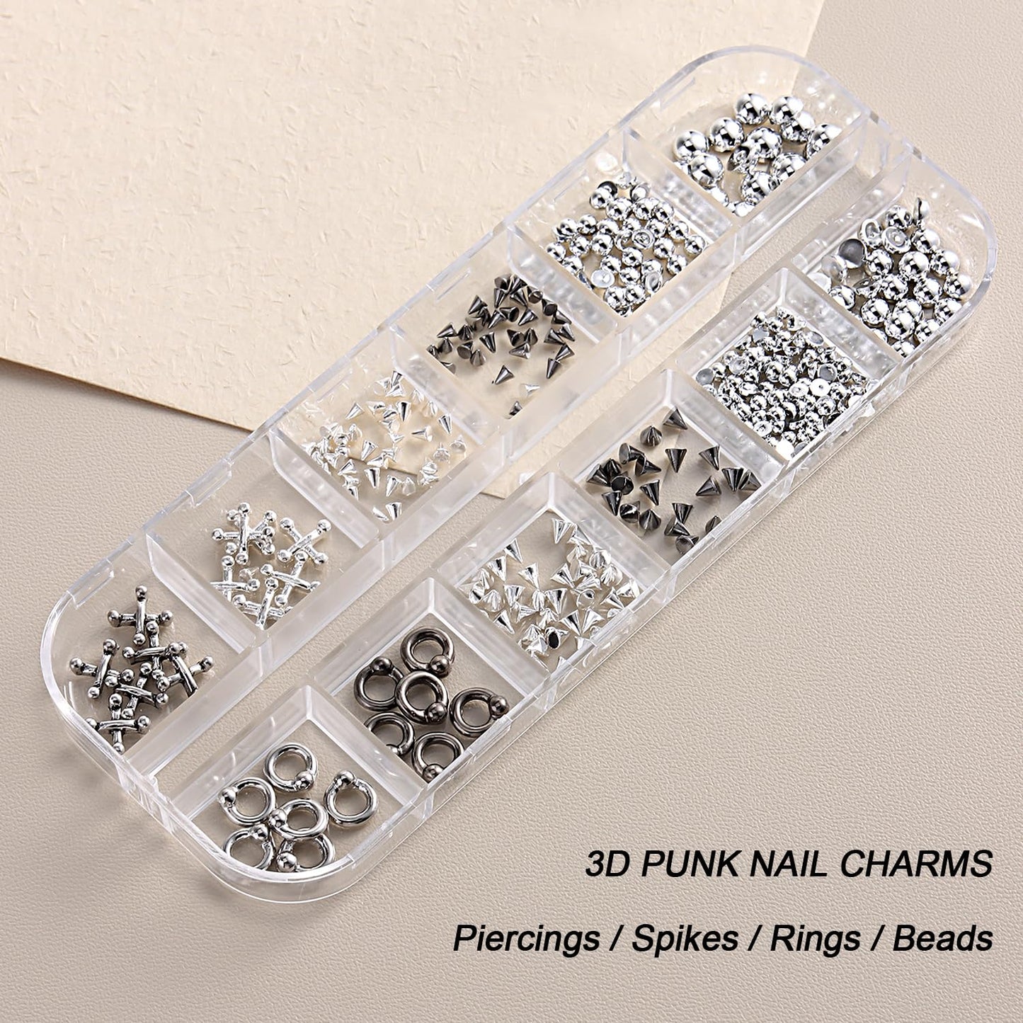 Black gothic punk nail charms with 3D triangle, spike designs, silver alloy rivets, perfect for edgy Y2K DIY manicure art.